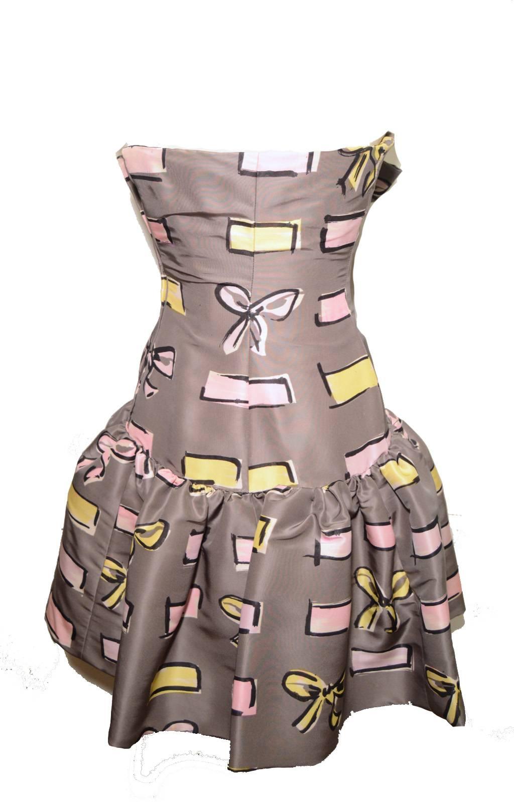 Brown Givenchy Couture 1980s Grey Silk Block & Bow Print Strapless Dress