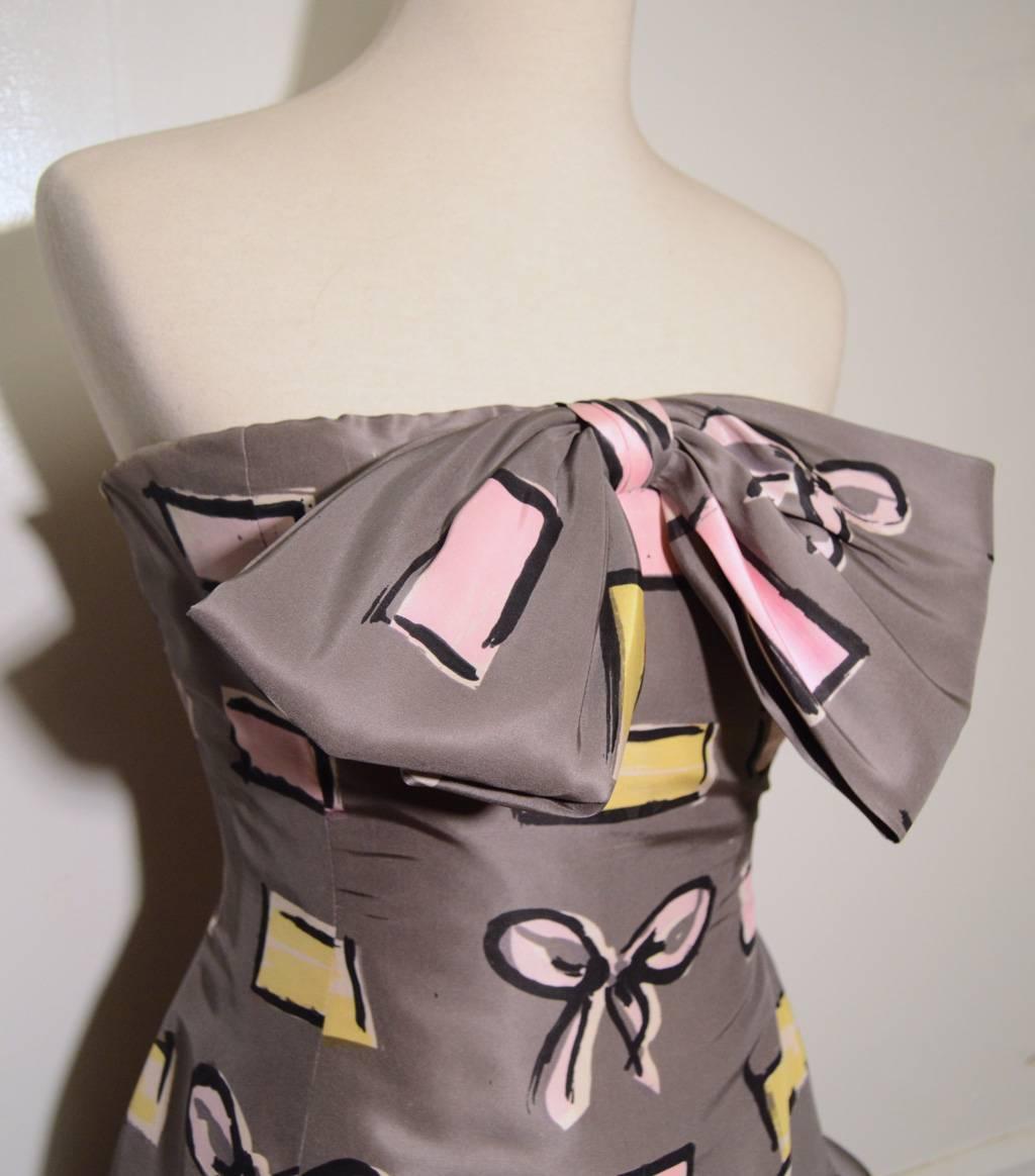 Givenchy Couture 1980s Grey Silk Block & Bow Print Strapless Dress 1