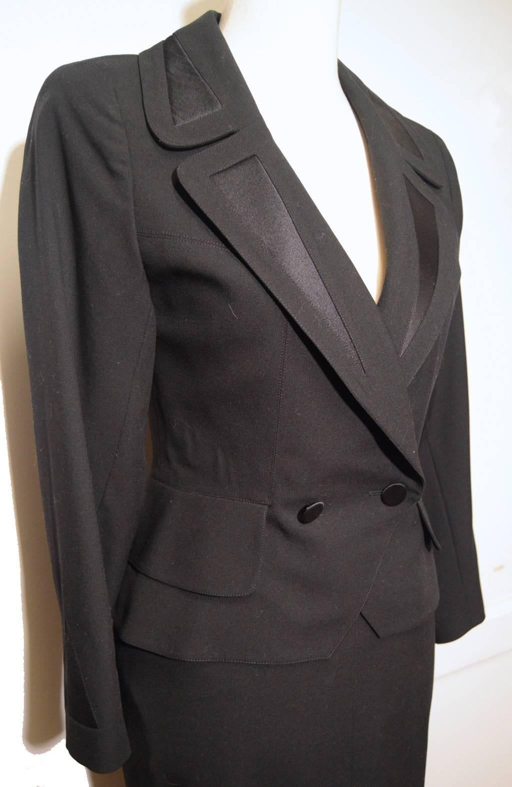 Hermes Vintage Black Wool Skirt Suit 1990's 2