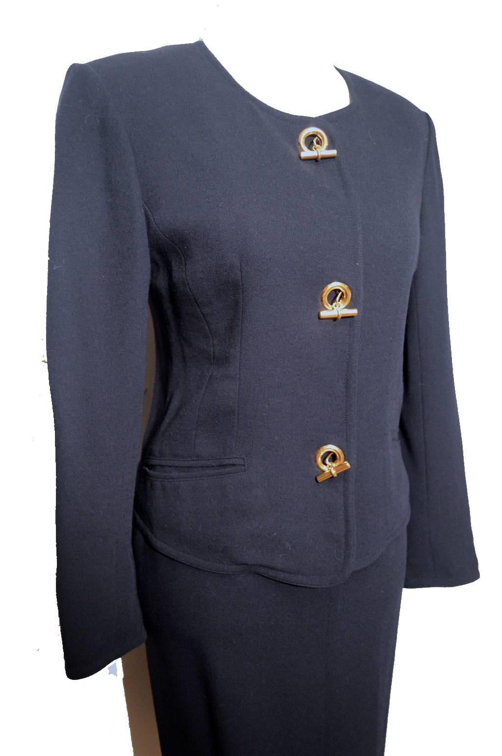 Black Hermes Vintage Navy Blue Wool Skirt Suit 1990's