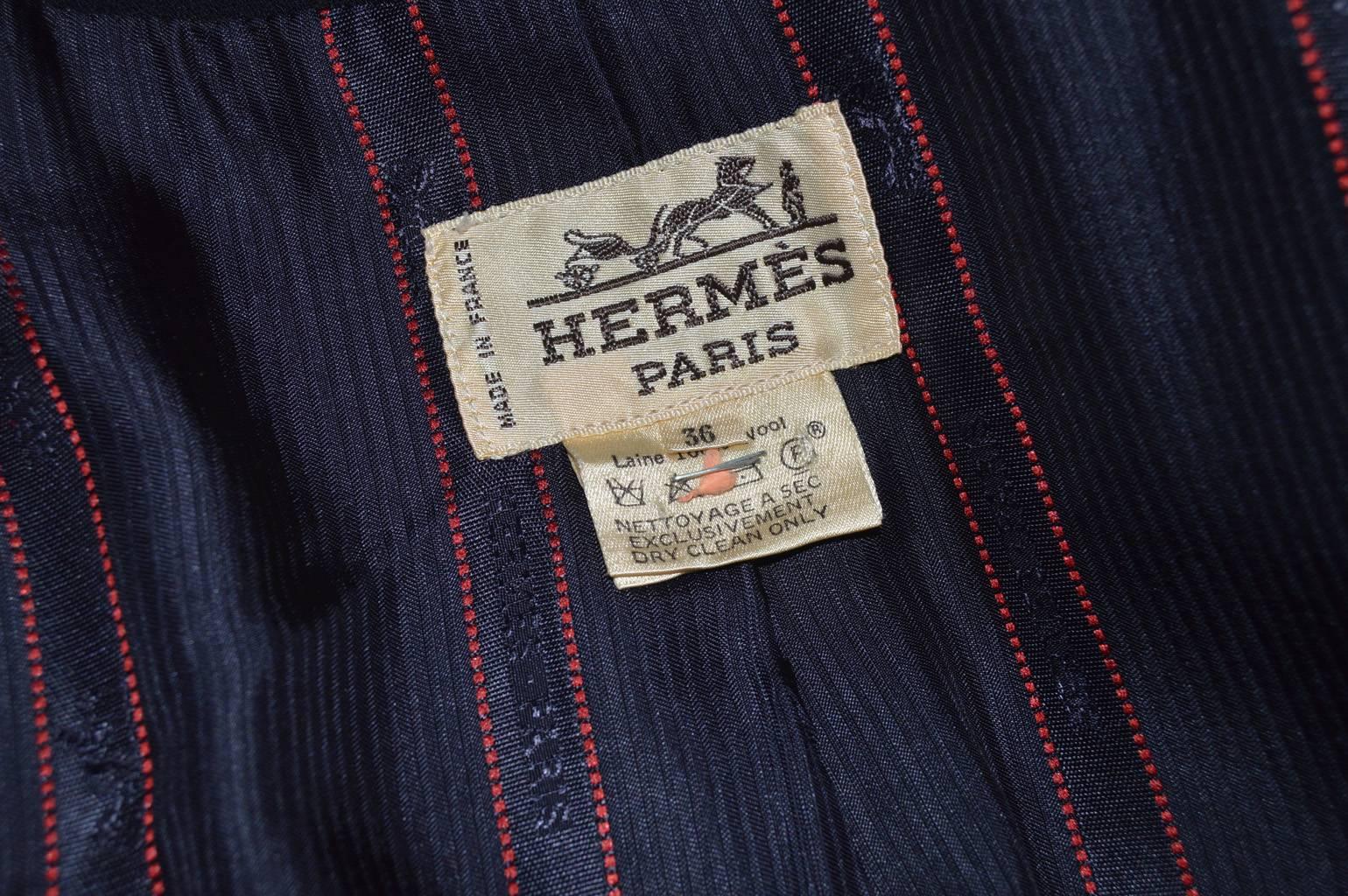 Hermes Vintage Navy Blue Wool Skirt Suit 1990's 1