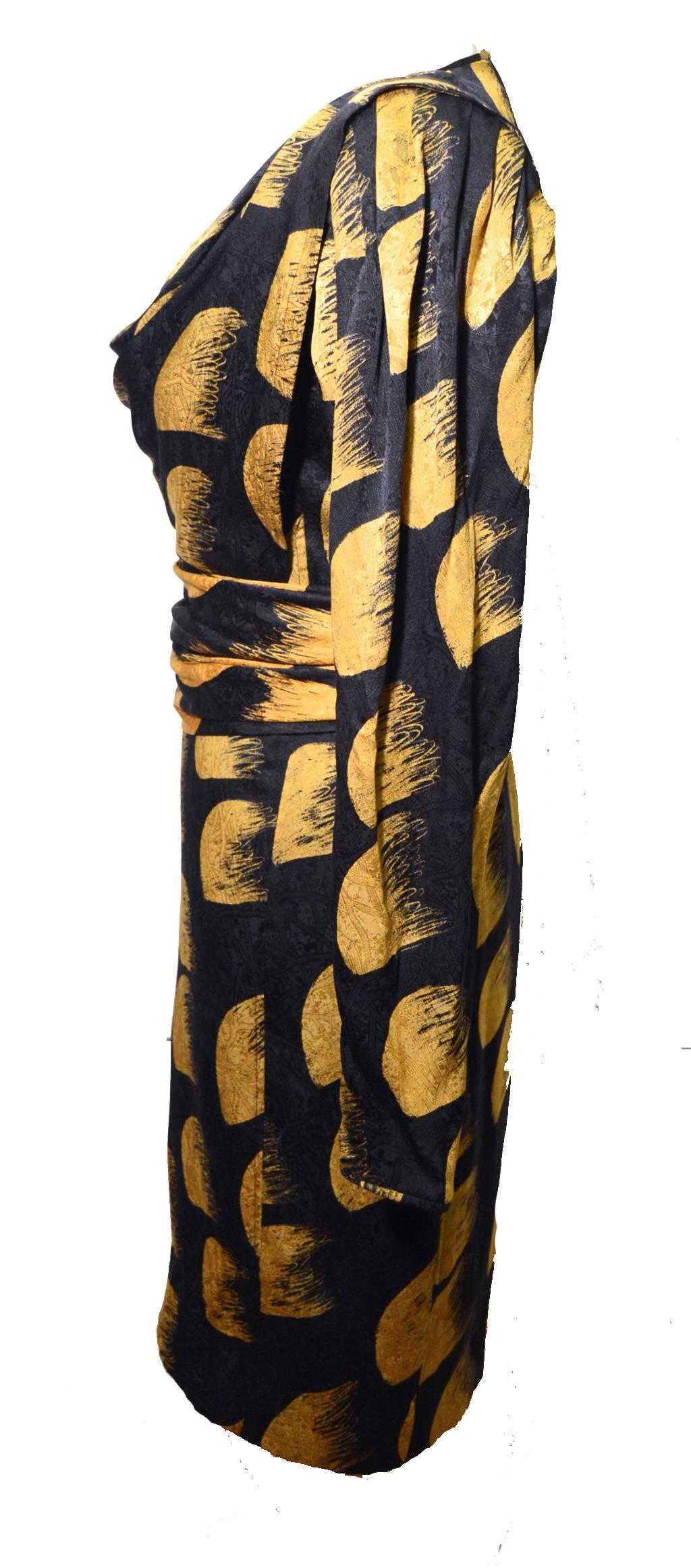 Emanuel Ungaro Black and Yellow Silk Print Dress with Belt Size 8 1980's In Excellent Condition In Philadelphia, PA