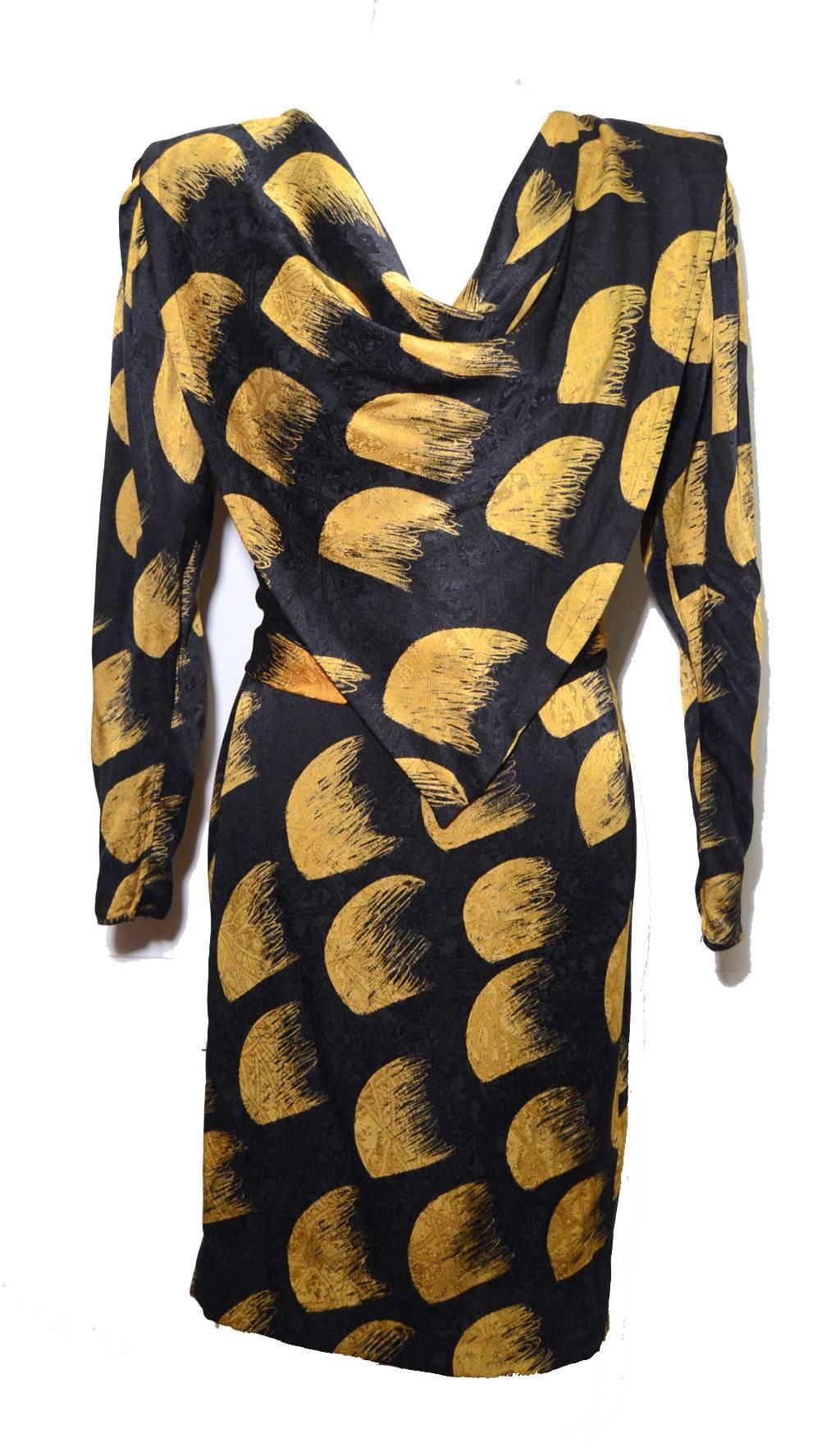 Emanuel Ungaro Black and Yellow Silk Print Dress with Belt Size 8 1980's 3