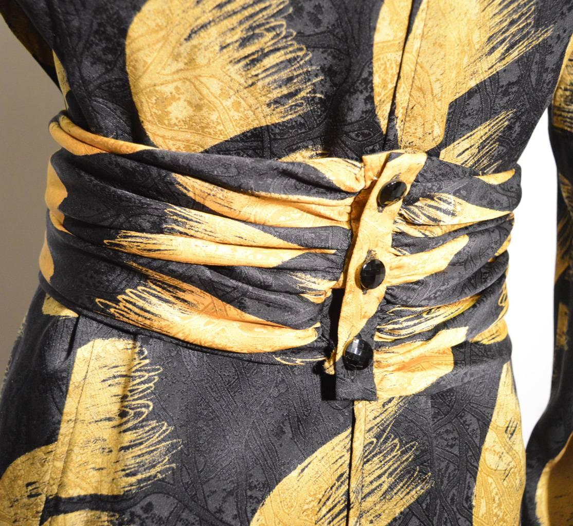 Emanuel Ungaro Black and Yellow Silk Print Dress with Belt Size 8 1980's 2