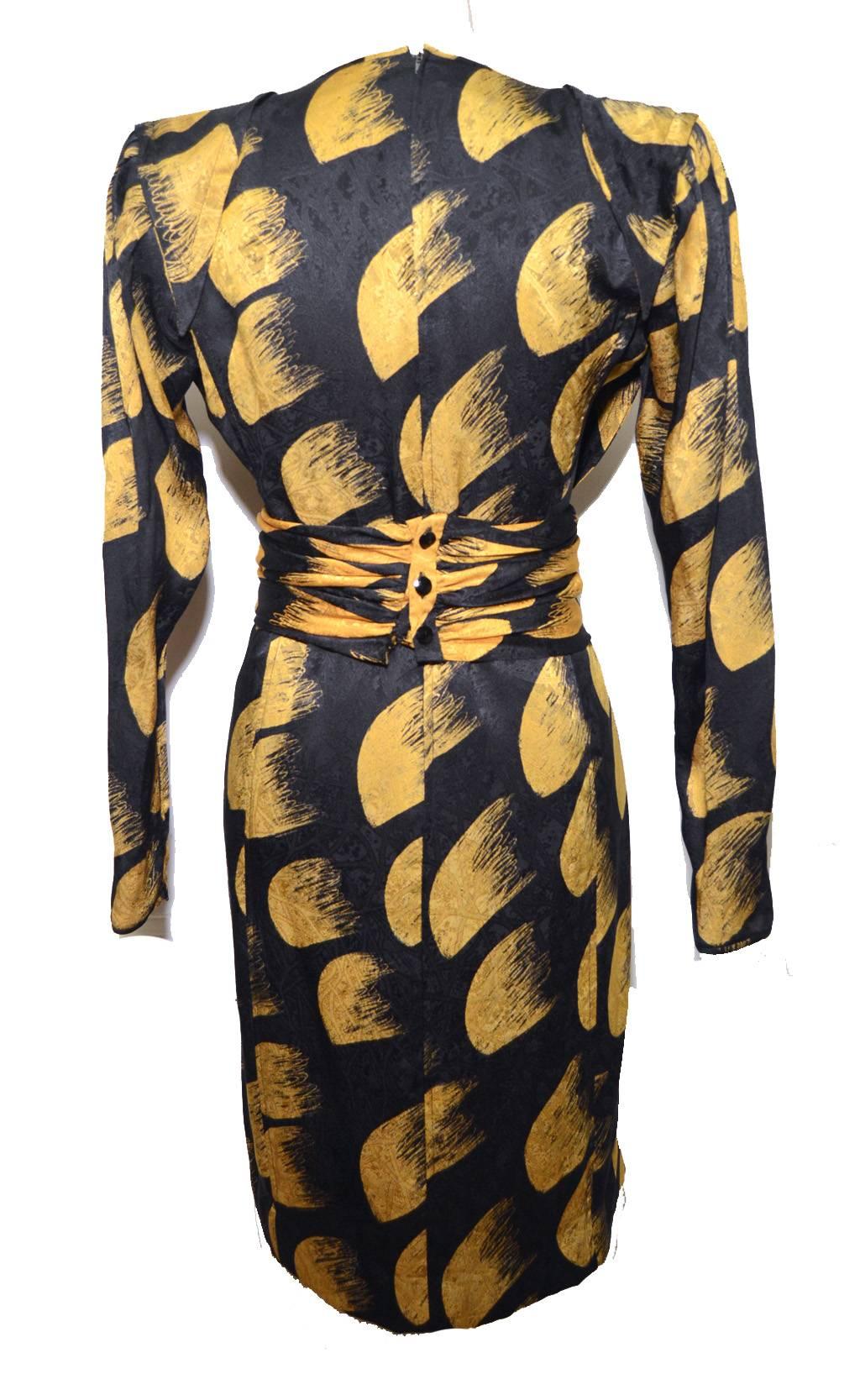 Women's Emanuel Ungaro Black and Yellow Silk Print Dress with Belt Size 8 1980's
