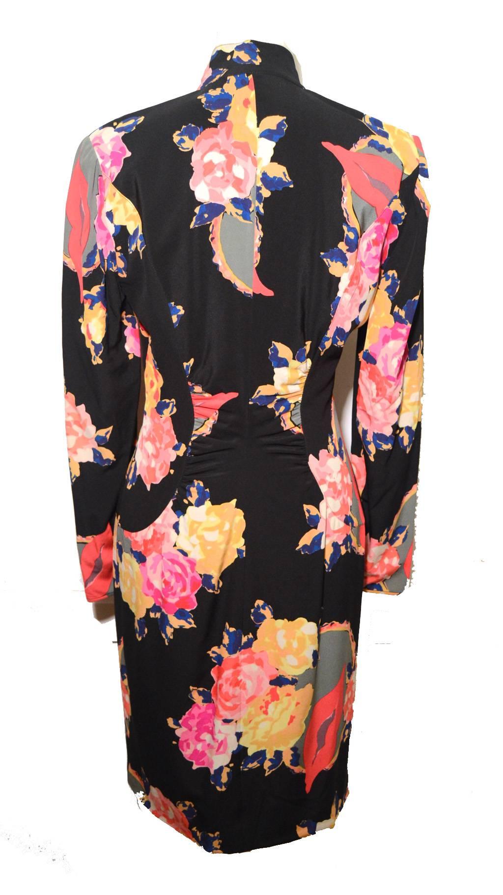 Ungaro Black Floral Print Silk Button Up Dress 1980's In Excellent Condition In Philadelphia, PA