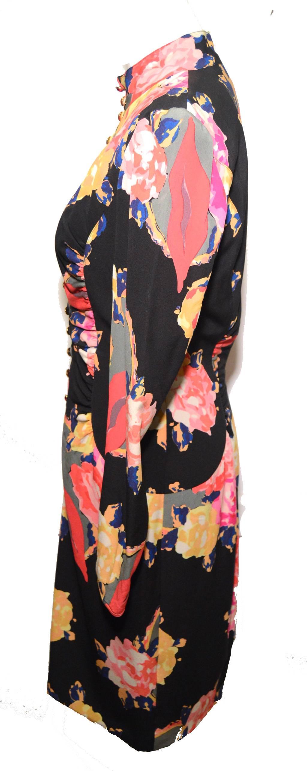 Ungaro Black Floral Print Silk Button Up Dress 1980's 1