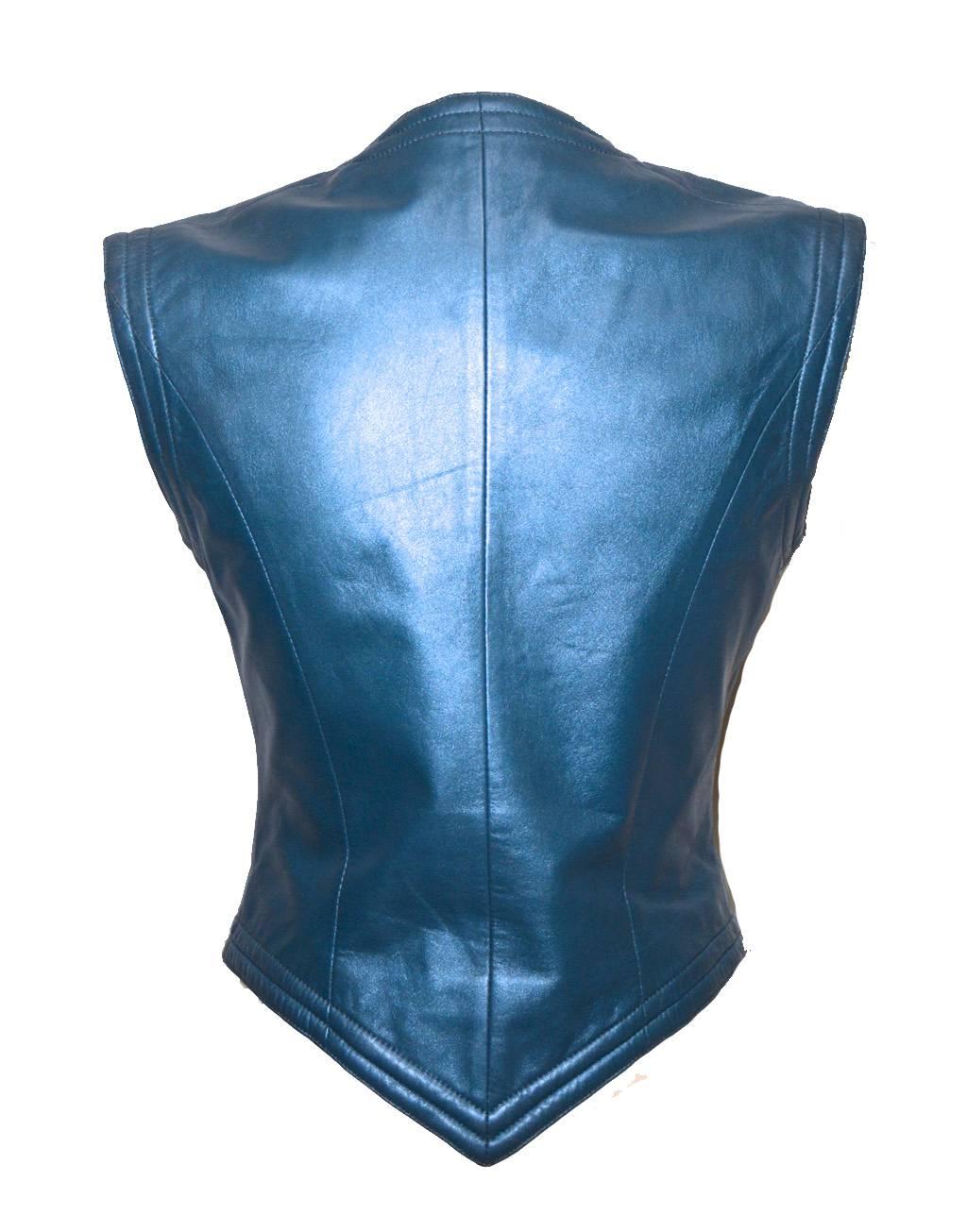 Ungaro Vintage Blue Leather Vest Size 38 1