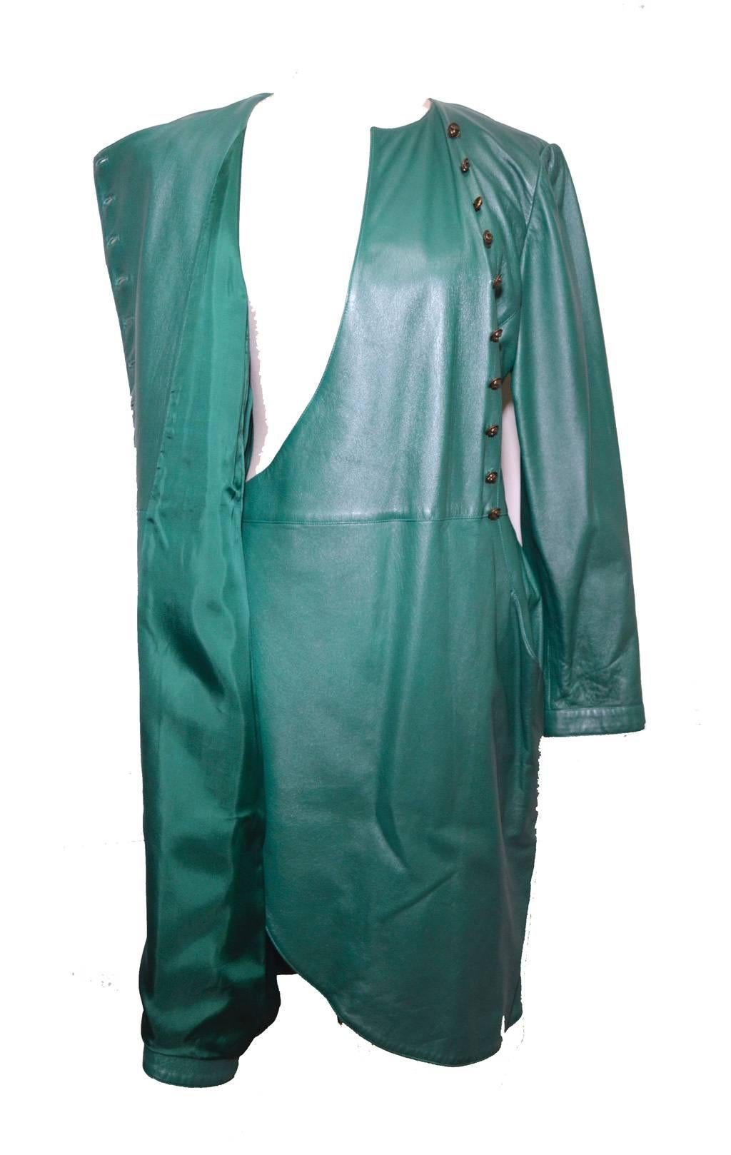 Blue Ungaro Vintage Green Leather Wrap Dress Size 14 c1990s