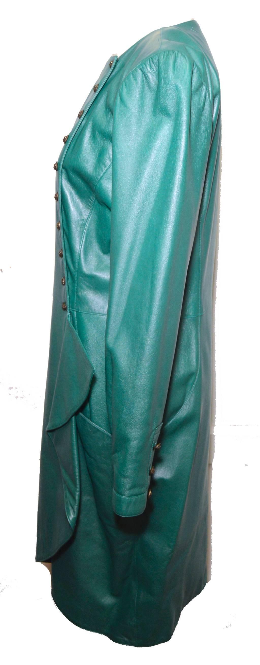 Ungaro Vintage Green Leather Wrap Dress Size 14 c1990s In Excellent Condition In Philadelphia, PA