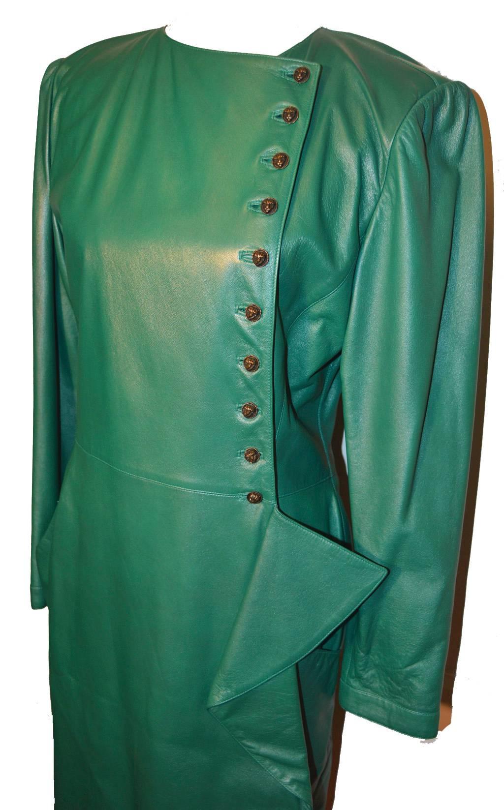 Ungaro Vintage Green Leather Wrap Dress Size 14 c1990s 2