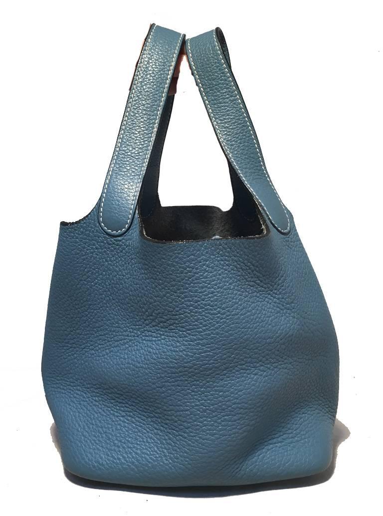 Hermes Blue Jean Clemence Leather Picotin PM Bag In Excellent Condition In Philadelphia, PA