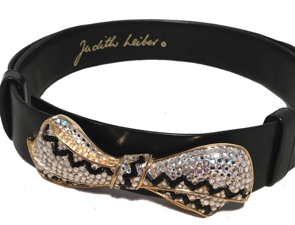 Women's Judith Leiber Vintage Black Leather Belt with Swarovski Crystal Bow