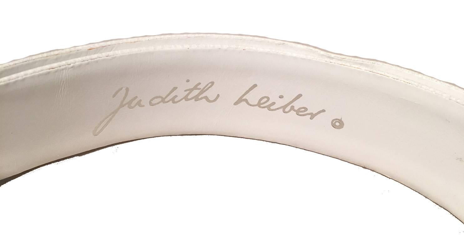 Judith Leiber Vintage White Leather Silver Rhinestone Buckle Belt In Excellent Condition In Philadelphia, PA