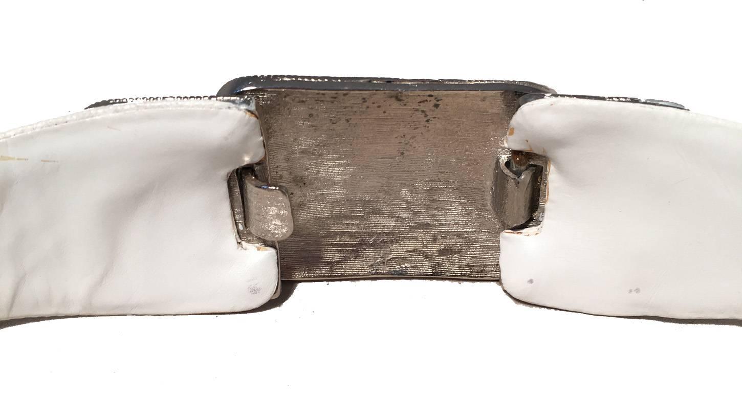 Judith Leiber Vintage White Leather Silver Rhinestone Buckle Belt 1