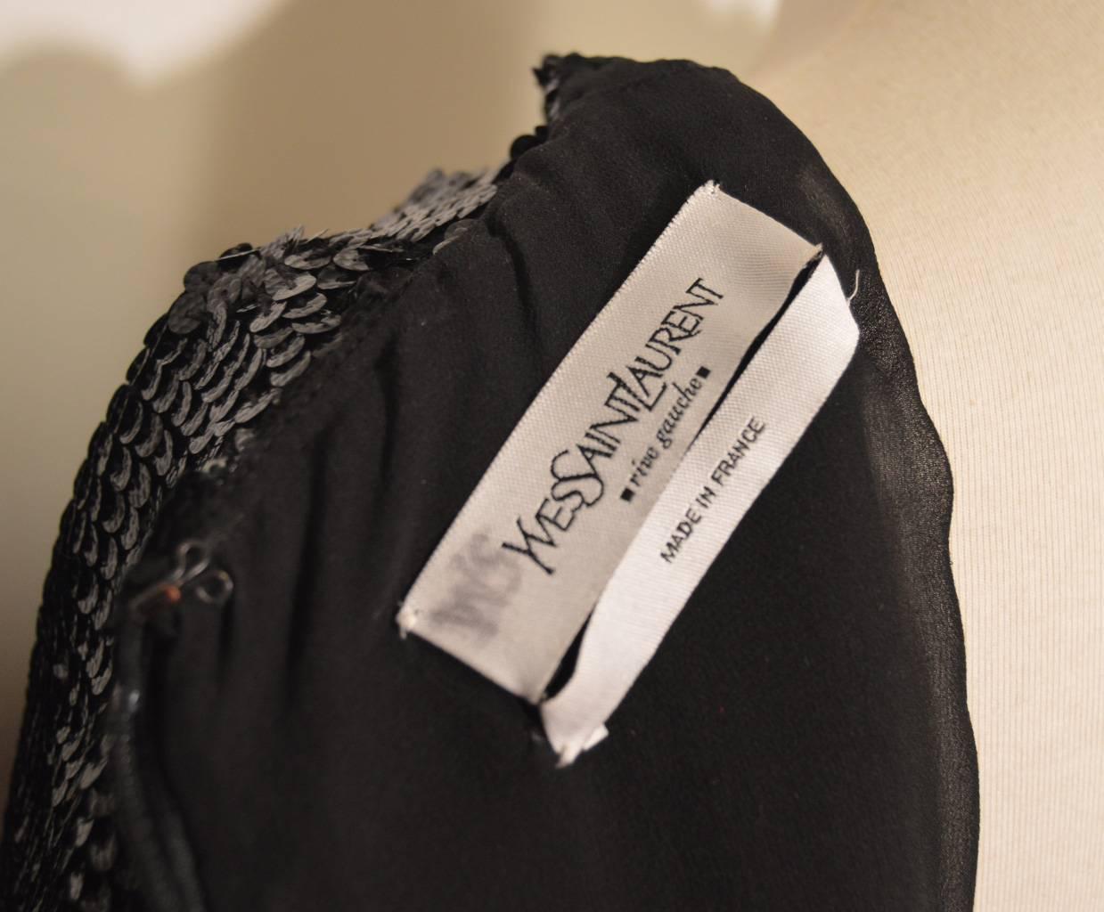 Yves Saint Laurent 1980's Embossed Matte Sequin Long Sleeve Black Dress ...