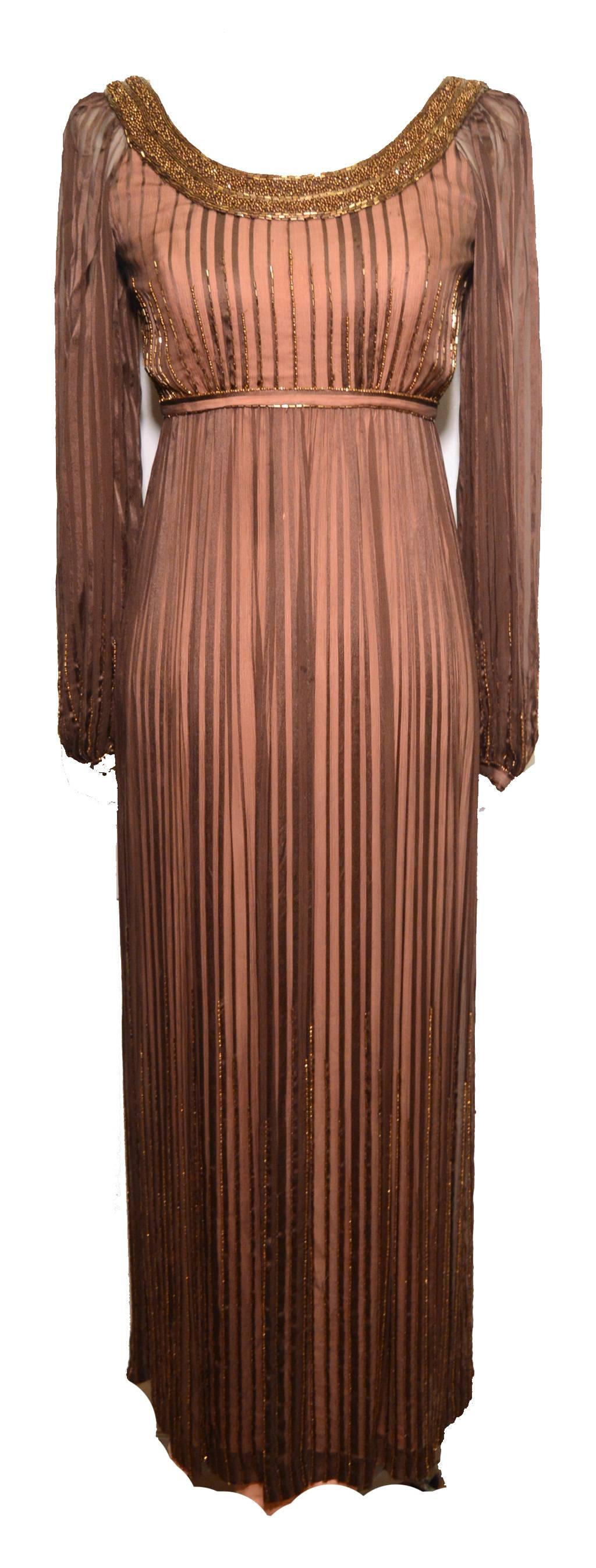Brown Alfred Bosand Vintage 1960s Beaded Silk Chiffon Overlay Gown with Shawl