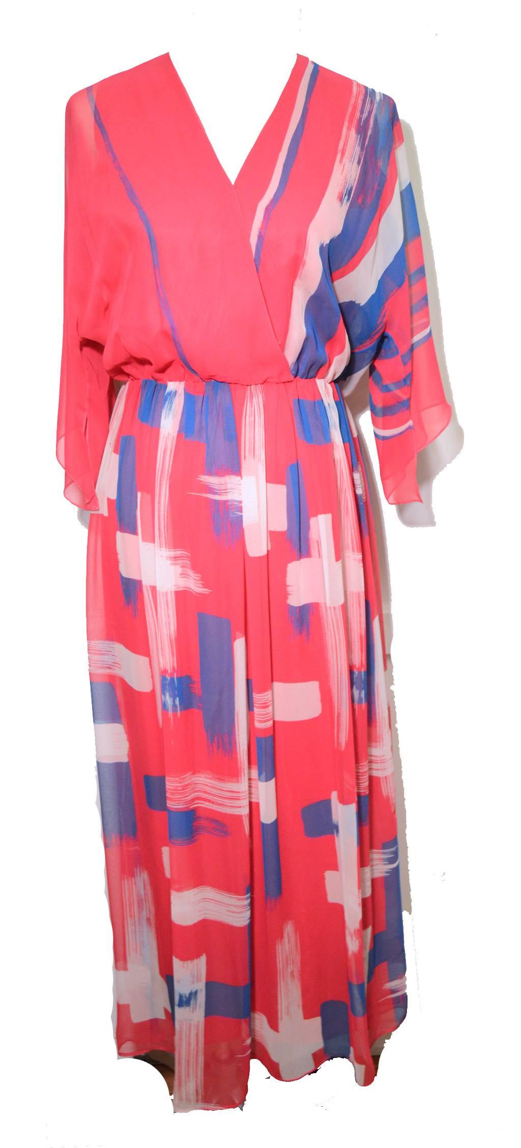 Women's Hanae Mori 1980s Pink Silk Chiffon Brush Stroke Print Dress