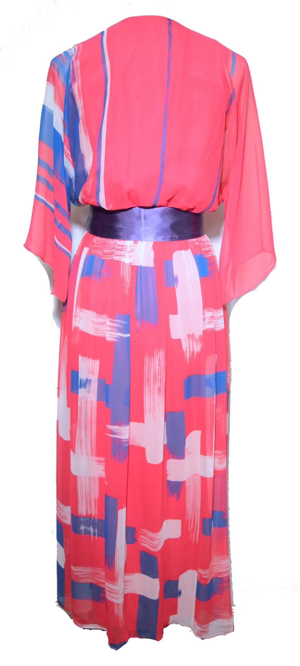 Hanae Mori 1980s Pink Silk Chiffon Brush Stroke Print Dress 1