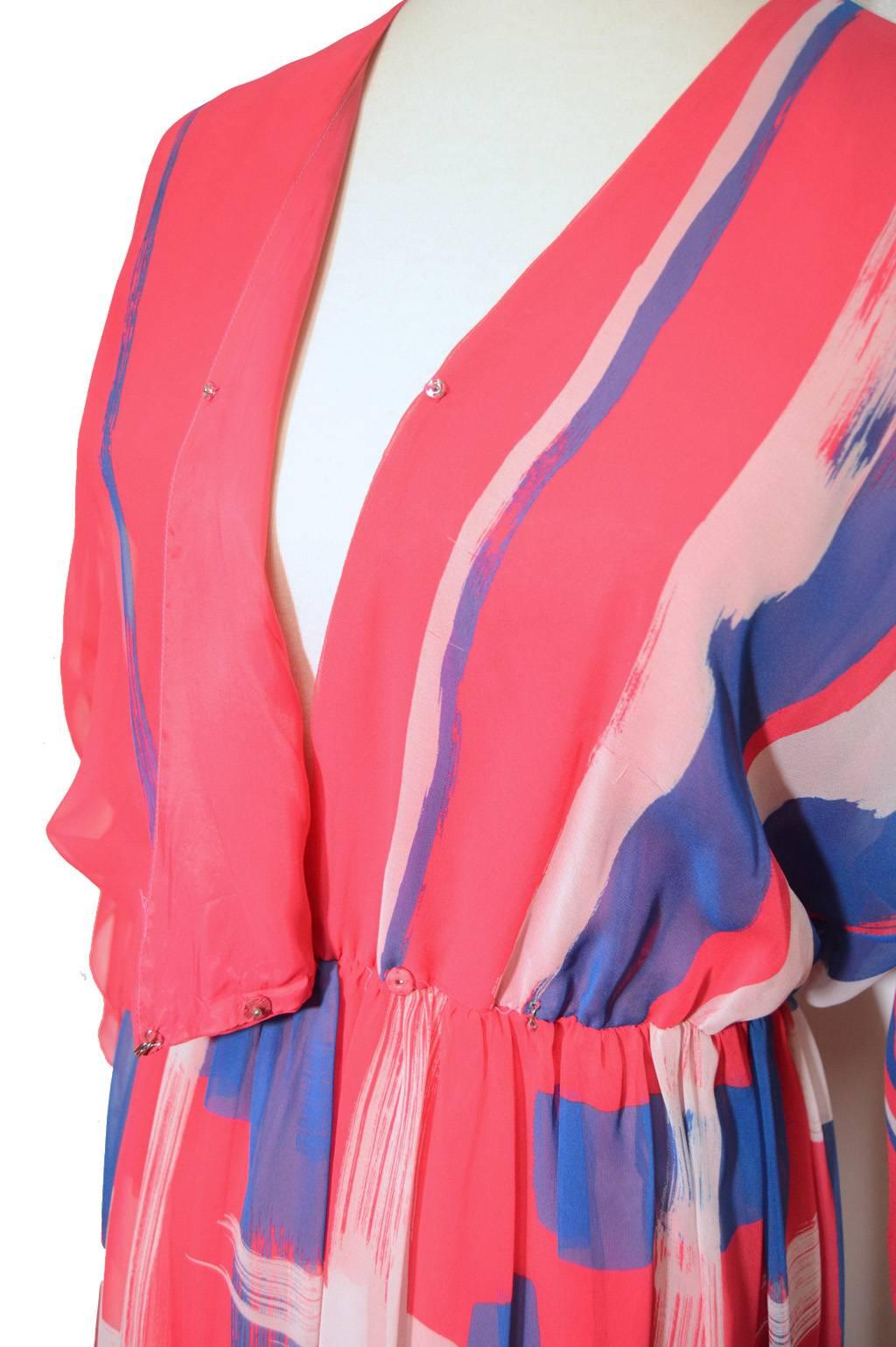 Hanae Mori 1980s Pink Silk Chiffon Brush Stroke Print Dress In Excellent Condition In Philadelphia, PA