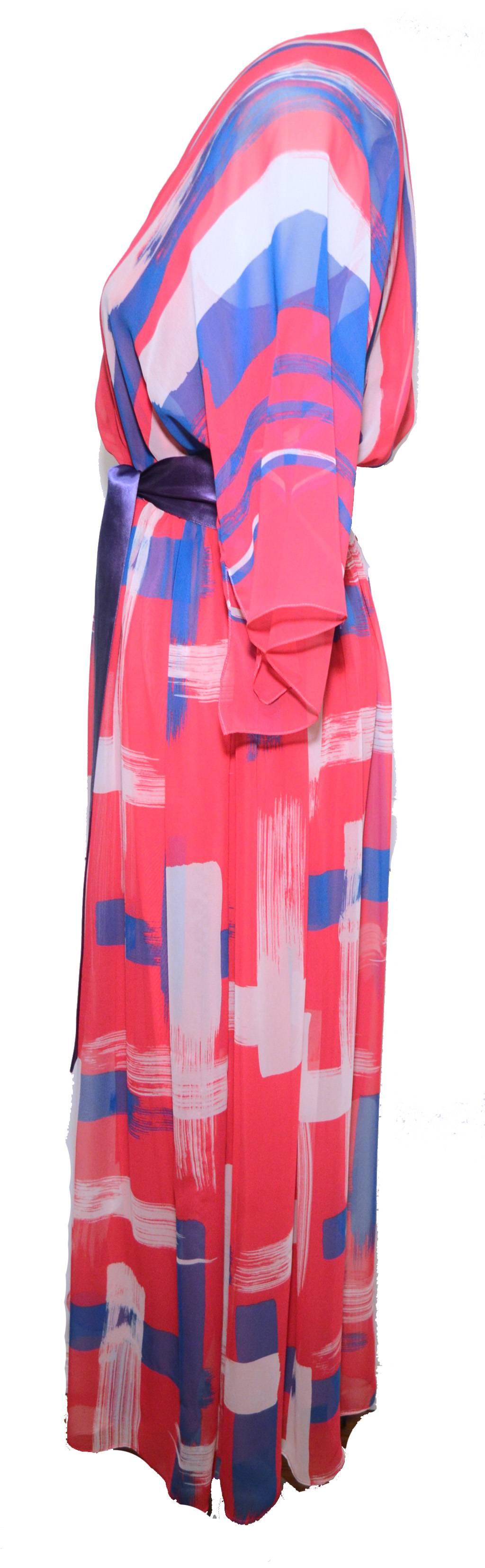 Hanae Mori 1980s Pink Silk Chiffon Brush Stroke Print Dress 3