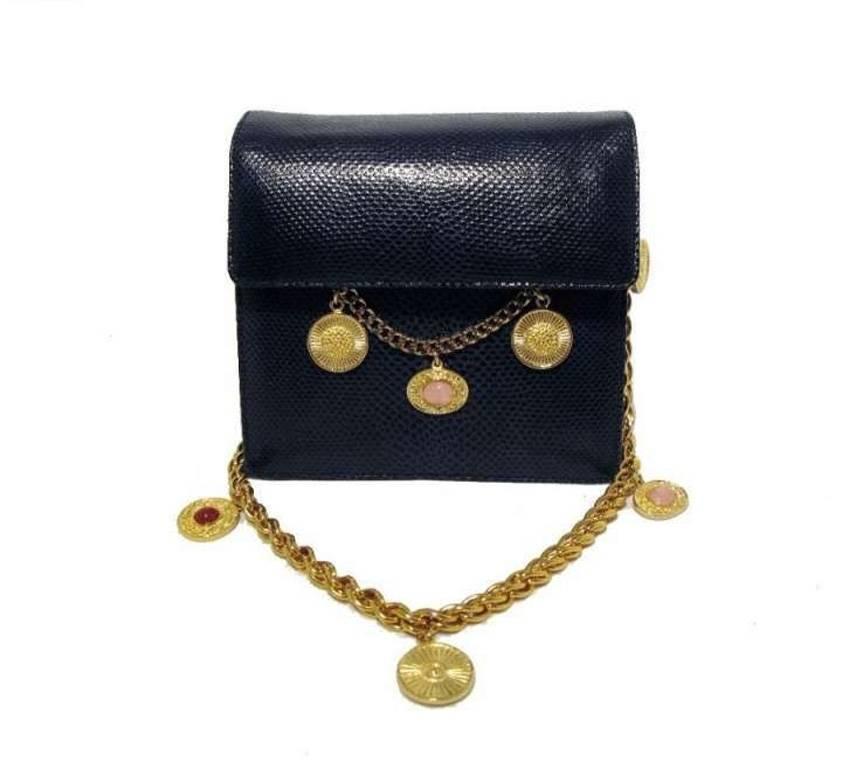 Judith Leiber Navy Lizard Mini Gold Coin Chain Shoulder Bag In Excellent Condition In Philadelphia, PA