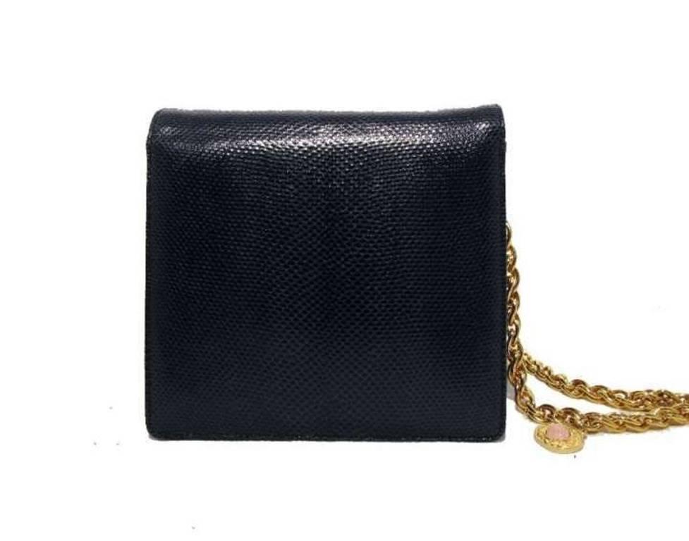 Black Judith Leiber Navy Lizard Mini Gold Coin Chain Shoulder Bag