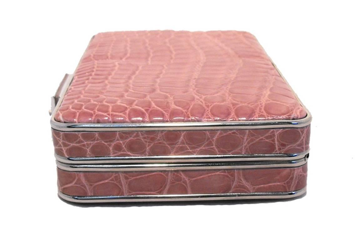 Brown Judith Leiber Pink Alligator Box Clutch With Crystal Closure For Sale