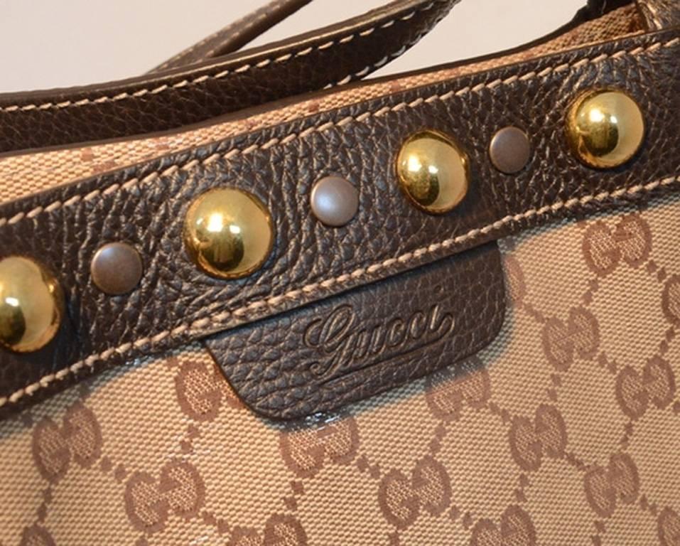 Gucci Monogram Canvas Studded Shopping Brown Tote Bag 2