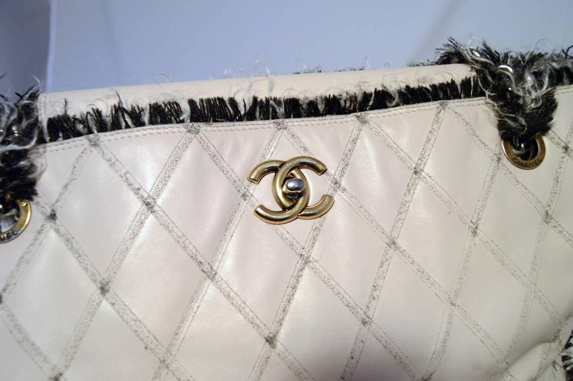 Chanel Light Grey Leather and Tweed Trim Shoulder Bag Tote  1