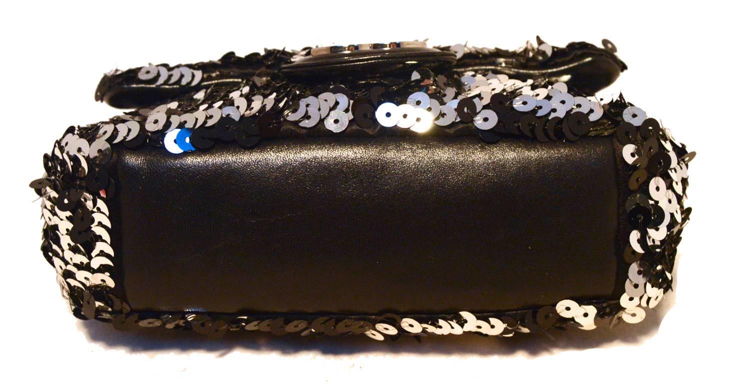 Chanel Black and Silver Sequin Mini Classic Flap Shoulder Bag In Excellent Condition In Philadelphia, PA