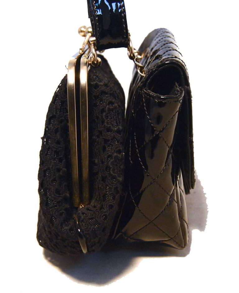 Fabulous Chanel classic flap and pouch shoulder bag in excellent condition.  Black patent leather classic flap and black lace pouch attached with woven chain and leather shoulder straps.  Snapped single flap closure on patent leather classic opens