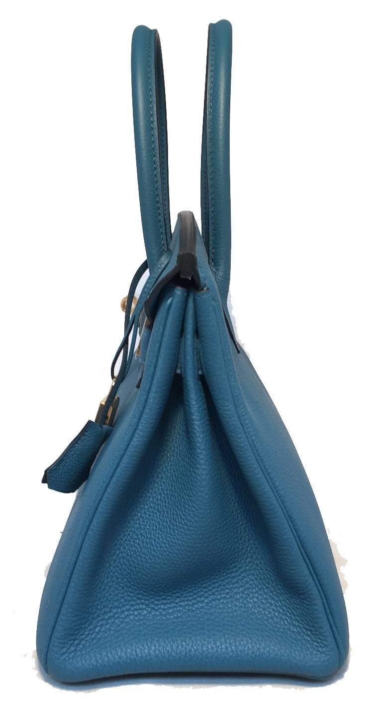 NEW 2016 Hermes Colvert blue 30cm Birkin bag in excellent condition.  Limited edition 2016 Colvert blue togo leather with gold hardware.  Signature front twist double strap flap closure opens to matching blue leather interior that holds 1 slit and 1