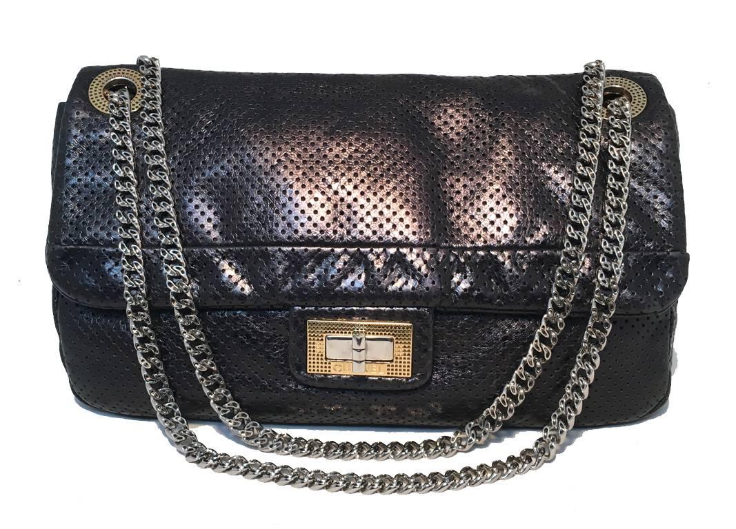 Chanel Charcoal Perforated Leather Classic Flap Shoulder Bag 4