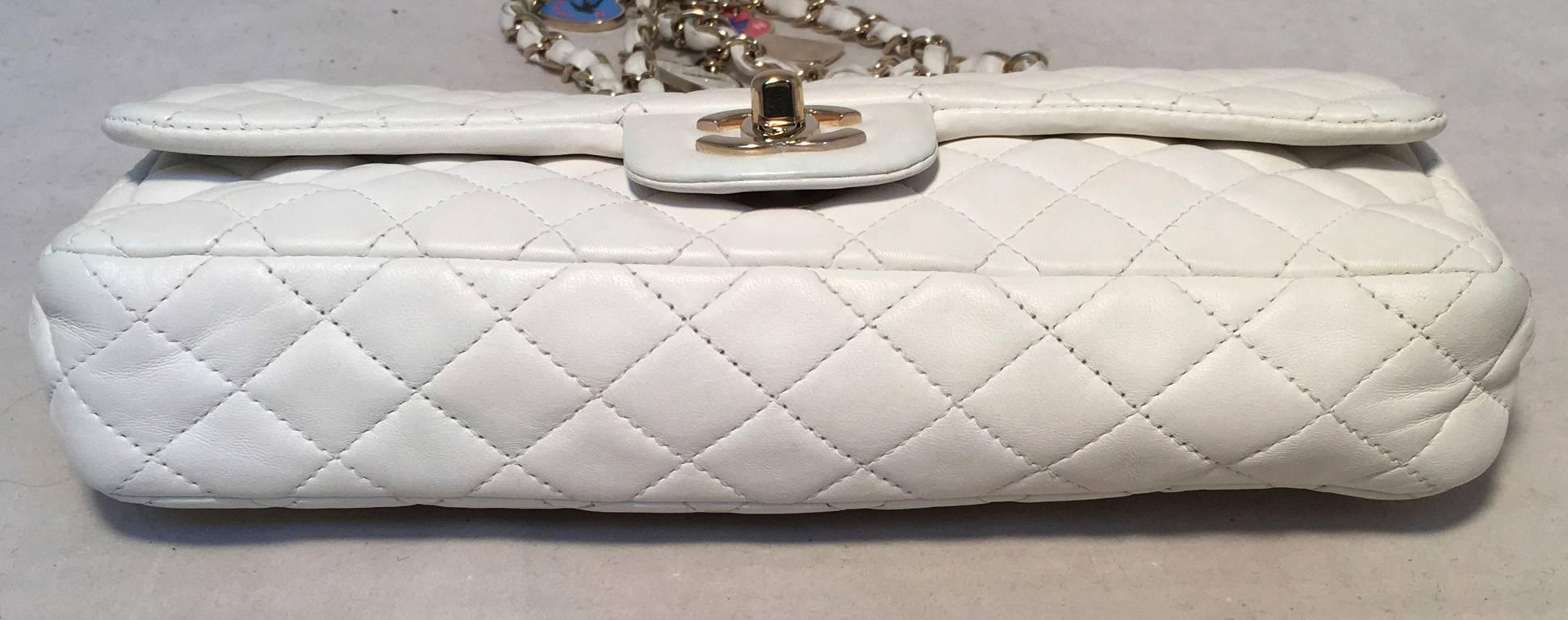 Gray Chanel White Leather Heart Charms Classic Flap Shoulder Bag