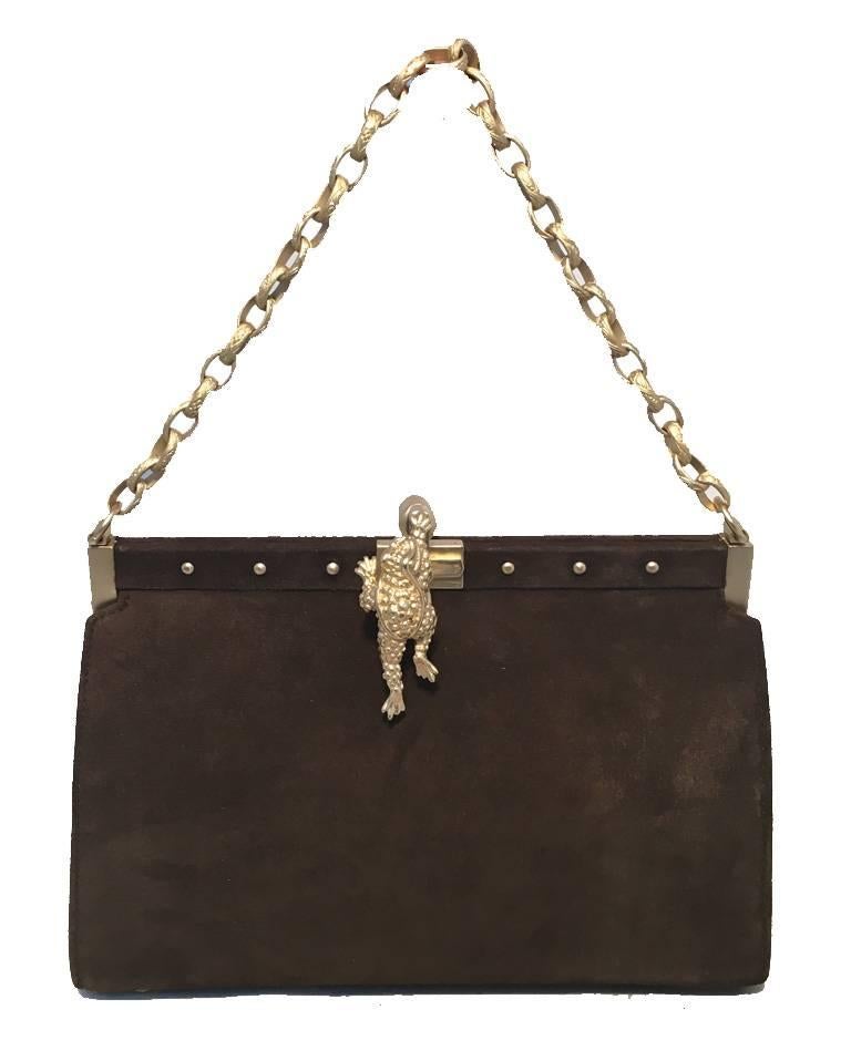 Beautiful Barry Kieselstein-Cord brown suede handbag in excellent condition. Brown suede exterior trimmed with matte gold hardware.  Gold chain link handle. Top sliding latch closure opens to a green suede lined interior that holds 1 zipped and 1