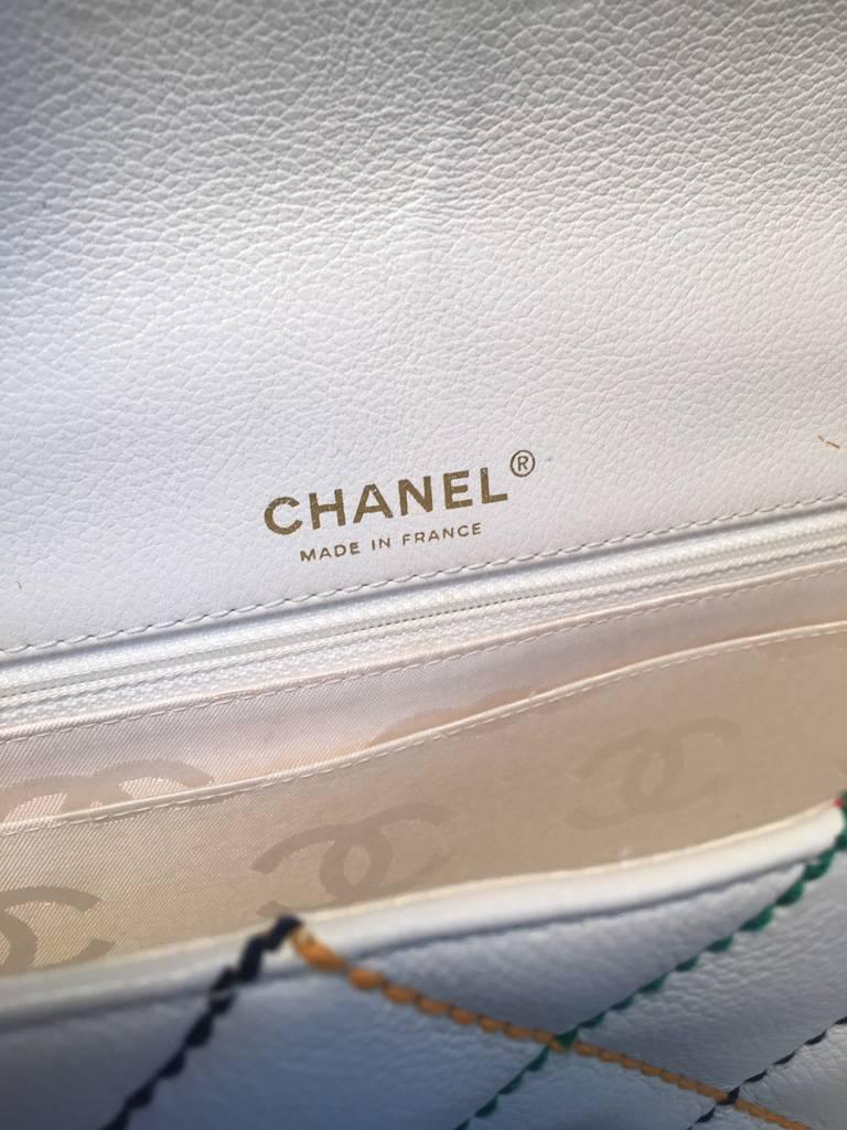 Chanel White Caviar Rainbow Stitch Medium Classic Flap Shoulder Bag In Excellent Condition In Philadelphia, PA