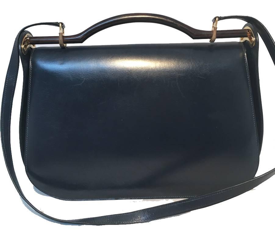 Black Hermes Vintage Navy Blue Leather Top Handle Shoulder Bag
