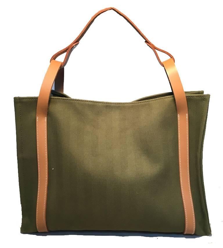 GORGEOUS HERMES canvas and leather Cabalicol tote in very good condition.  Olive green chevron woven canvas exterior trimmed with natural tan barenia leather and palladium silver hardware.  2 different sized sliding straps, one short and one long to