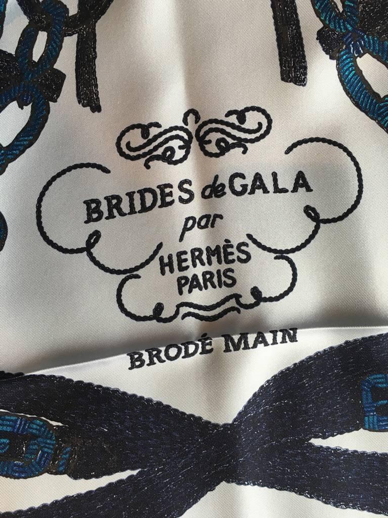 Black Hermes New Brides de Gala Brodé Main Blue Silk Scarf