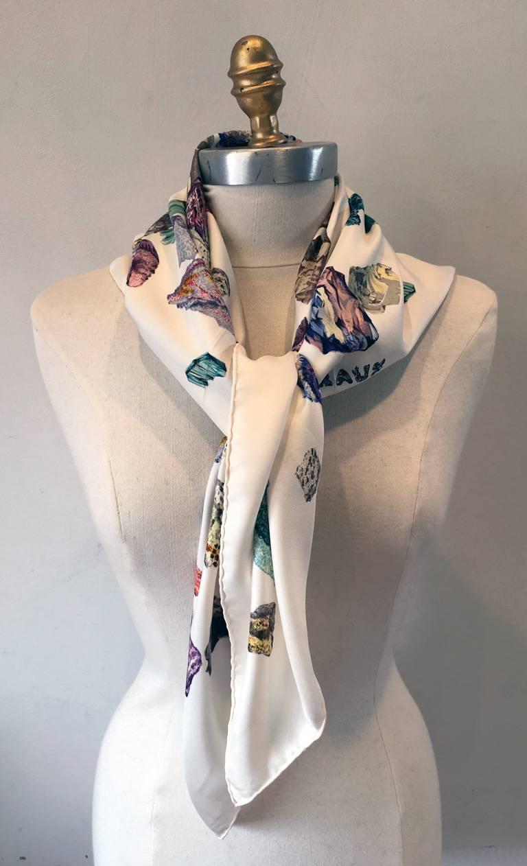 Gray Hermes Vintage Mineraux Silk Scarf in Cream c1950s