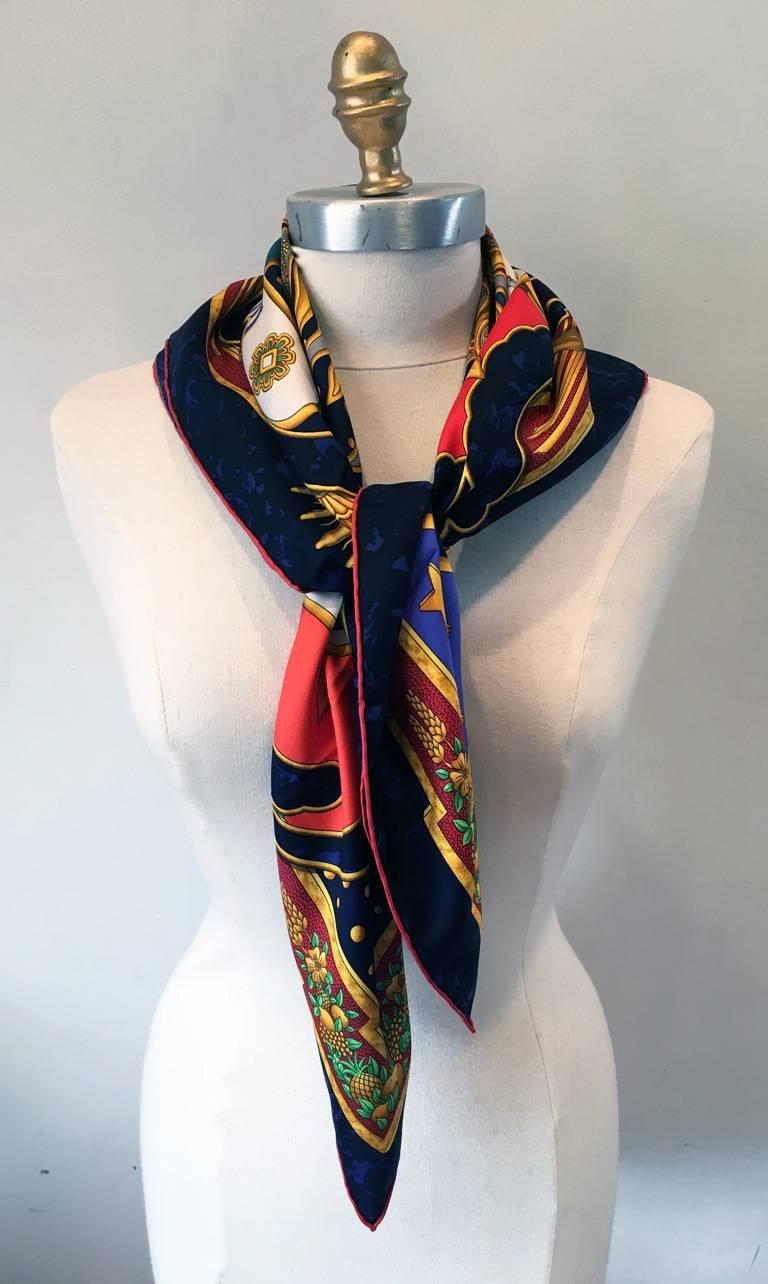 Women's or Men's RARE Hermes Vintage Carpe Diem Silk Scarf in Navy