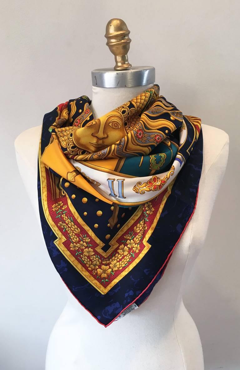 RARE Hermes Vintage Carpe Diem Silk Scarf in Navy In Excellent Condition In Philadelphia, PA