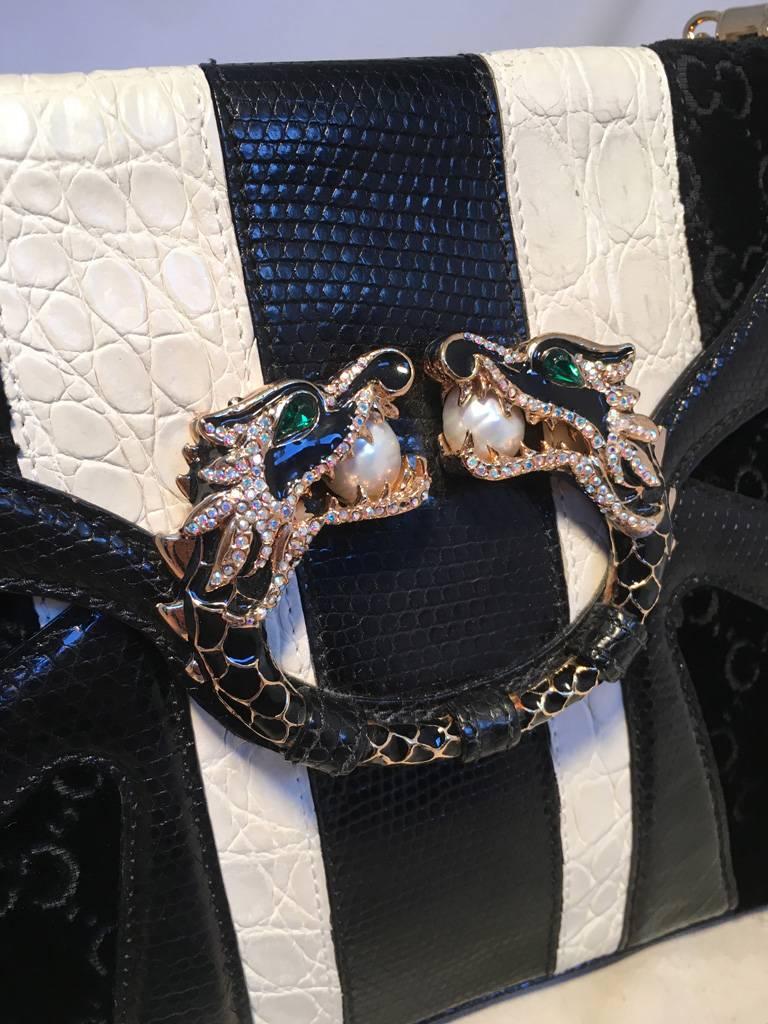RARE Gucci by Tom Ford Jeweled Dragon Black Velvet Croc and Lizard Flap Bag  In Excellent Condition In Philadelphia, PA
