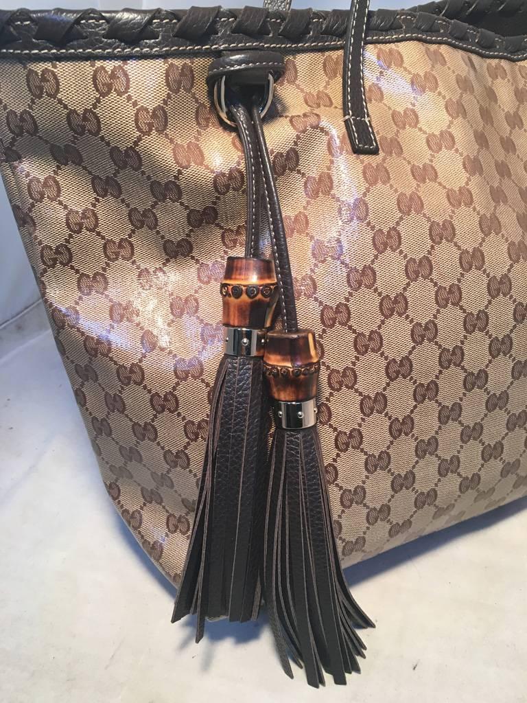 Gucci Coated Monogram Canvas and Braided Leather Trim Tassel Shoulder Bag Tote  2