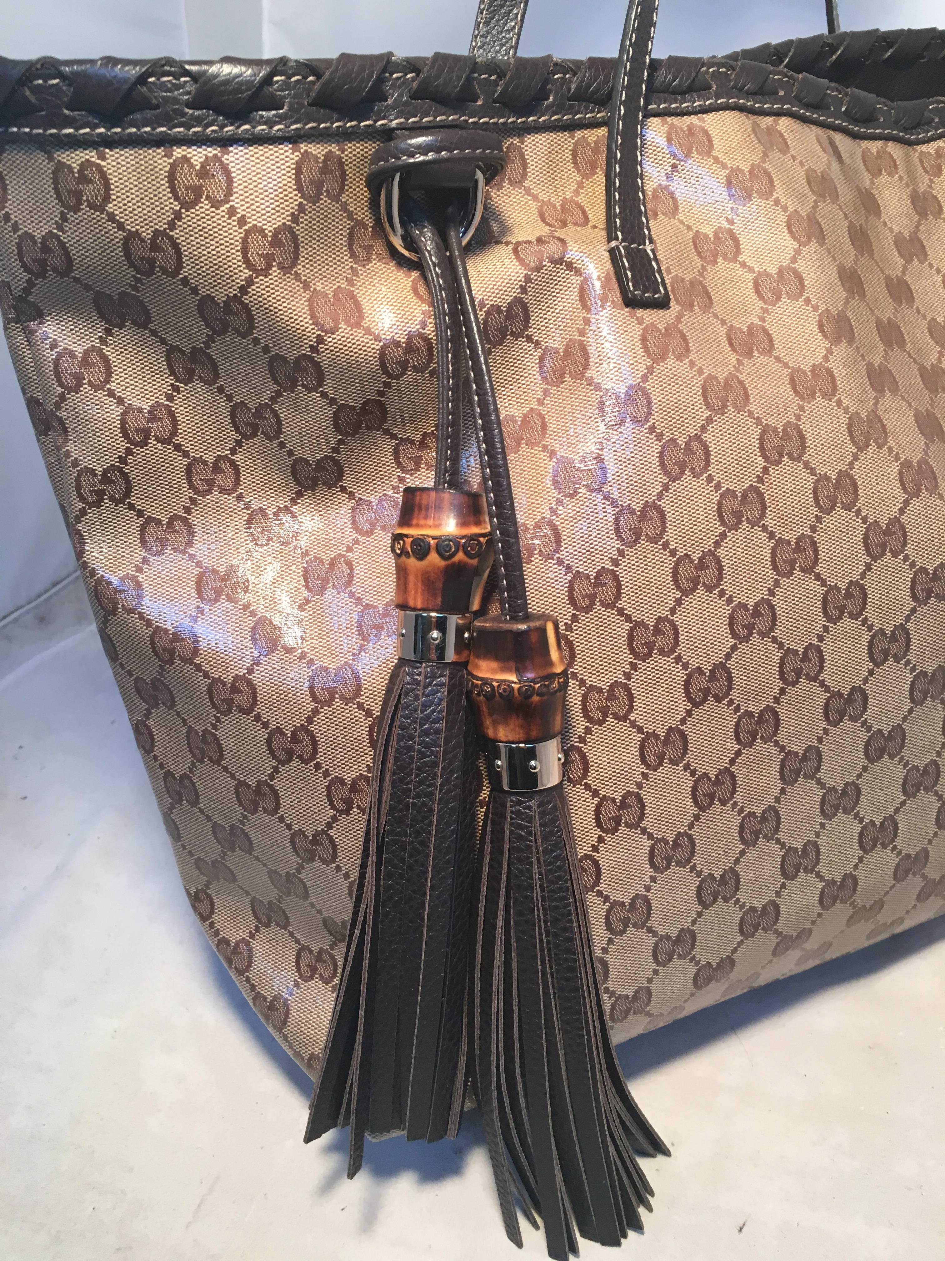 Gucci Coated Monogram Canvas and Braided Leather Trim Tassel Shoulder Bag Tote  5