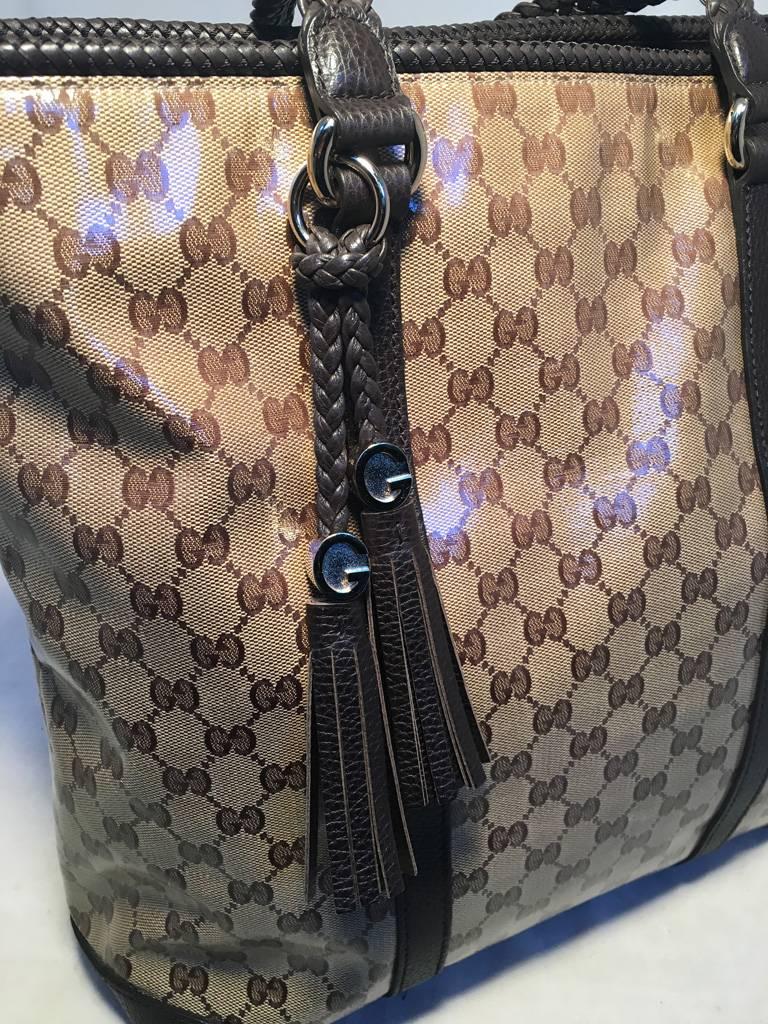 Gucci Coated Monogram and Brown Braided Leather Trim Tassel Tote 1