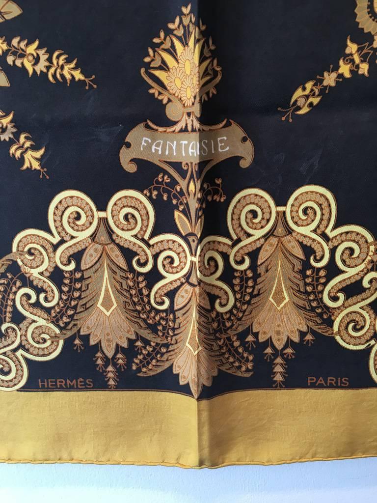 Brown Hermes Vintage Fantaisie Silk Scarf in Black and Gold
