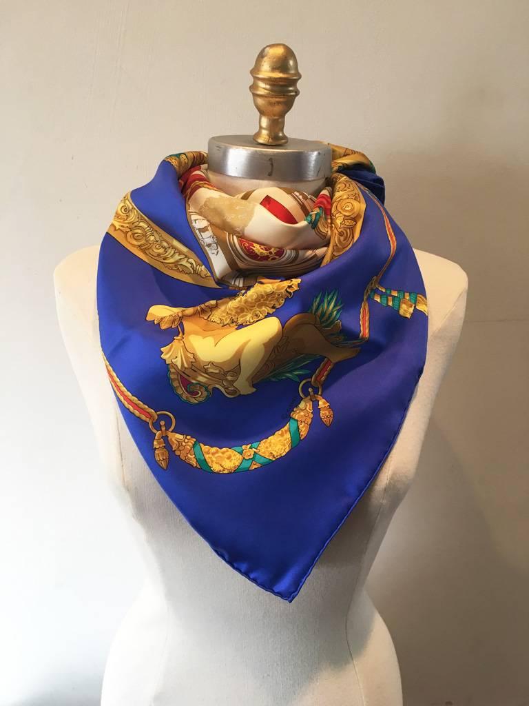 RARE Hermes vintage Hommage a Charles Garnier silk scarf in excellent condition.  Original silk screen design c1986 by Cathy Latham features a centered portrait of famed opera house architect Charles Garnier on a stage surrounded by an ornate stone