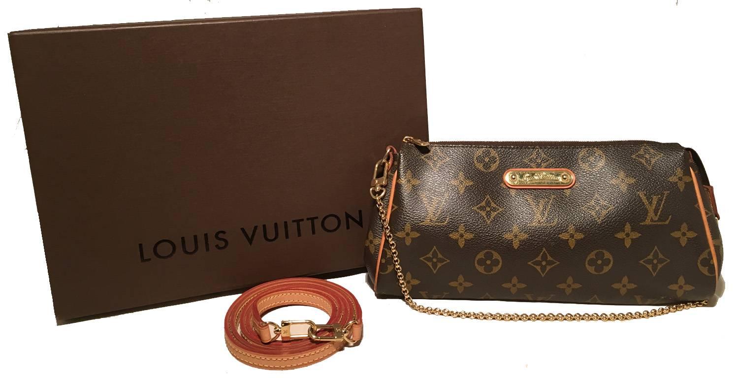 GORGEOUS Louis Vuitton monogram Eva pouch in excellent condition.  Monogram canvas exterior trimmed with tan leather and gold hardware.  Gold chain handle or removable tan leather shoulder strap to suit your style.  Zipper closure opens to a brown